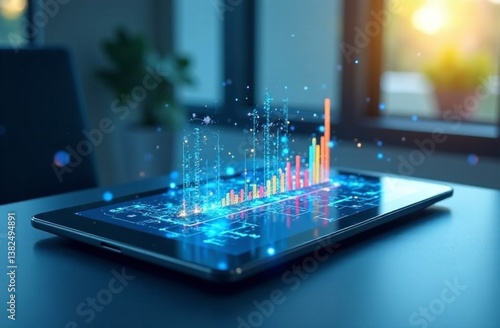 Digital data visualization displays trends on a tablet in a bright office setting during daytime hours