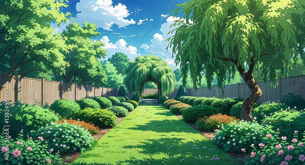 Obraz premium Lush backyard garden with rows of flowering shrubs and an arching willow tree in the center anime cartoon style illustration artwork design background