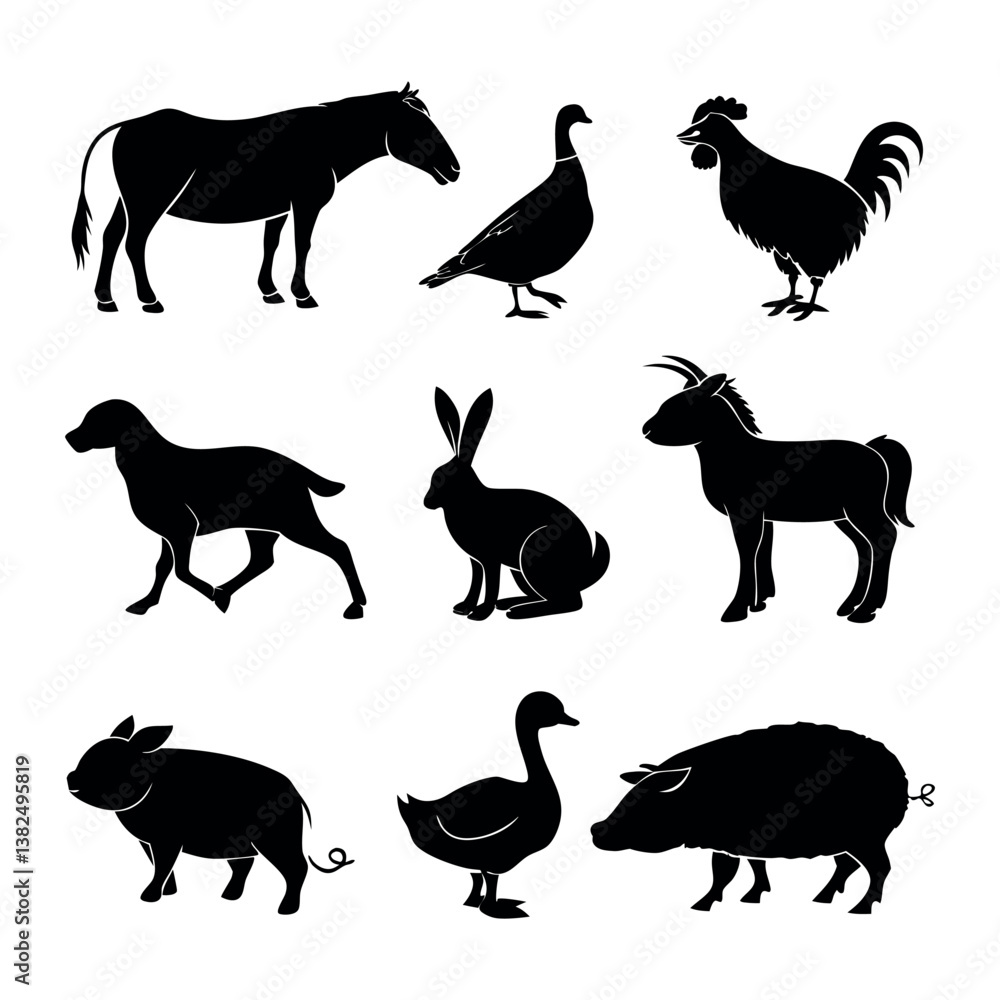 Fototapeta premium Set of 9 farm animal silhouettes vector