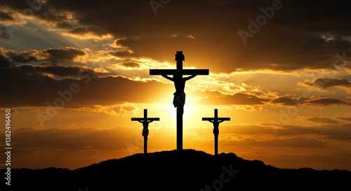Dramatic Sunset Silhouette of Jesus Christ on the Cross with Two Thieves during Crucifixion
