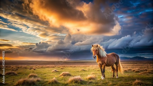Majestic Horse Under Dramatic Sky: A solitary horse stands regally in a vast, open landscape beneath a dramatic sky ablaze with the colors of sunset.