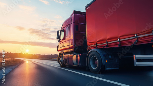 A red truck driving on a highway during sunset, showcasing transportation and travel.