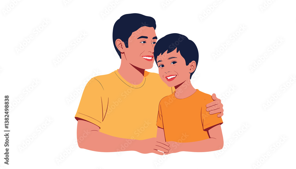 Father and son smiling together in a friendly embrace Father and son smiling together in a friendly embrace