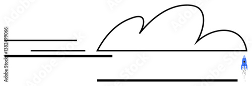 Rocket launched from ground with dynamic motion lines and abstract cloud shapes. Ideal for innovation, exploration, startup, ambition, progress, technology, adventure. Flat simple metaphor