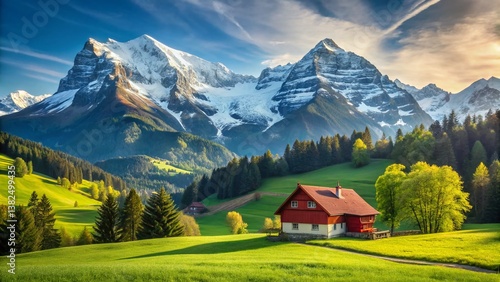 Mountain Haven: A picturesque mountain landscape unfolds with a charming house nestled at the base, with peaks, capturing the allure of peaceful country life.