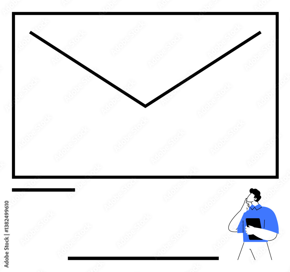 Fototapeta premium Man holding clipboard, thinking near oversized email envelope outline. Ideal for teamwork, communication, planning, ideas, digital strategy, decision-making, flat simple metaphor