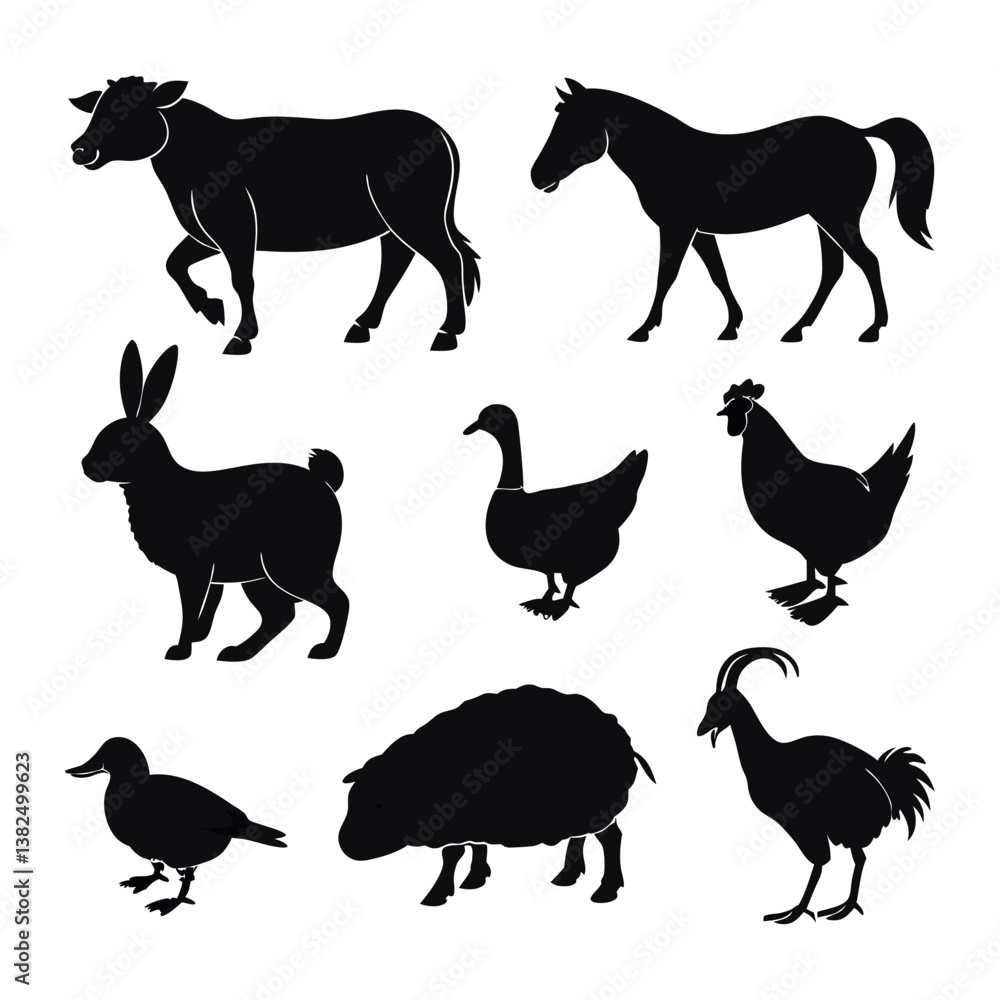 The set of animals include a cow, a chicken, a horse, a rabbit, a duck, a pig, a goat, a turkey, and a sheep The set of animals include a cow, a chicken, a horse, a rabbit, a duck, a pig, a goat, a turkey, and a sheep