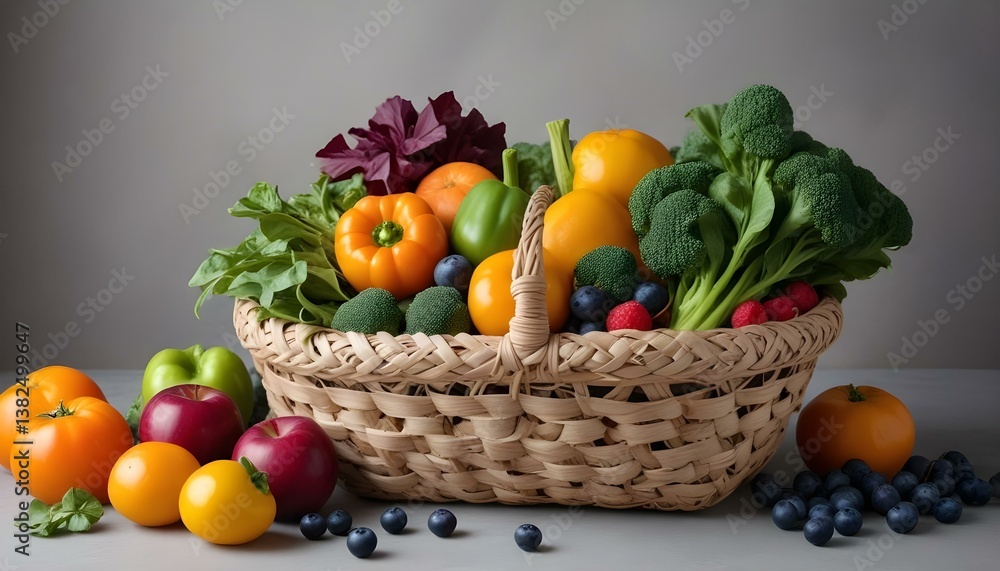 A studio shot of a woven basket filled with a variety of fresh produce against a neutral gray background A studio shot of a woven basket filled with a variety of fresh produce against a neutral gray background