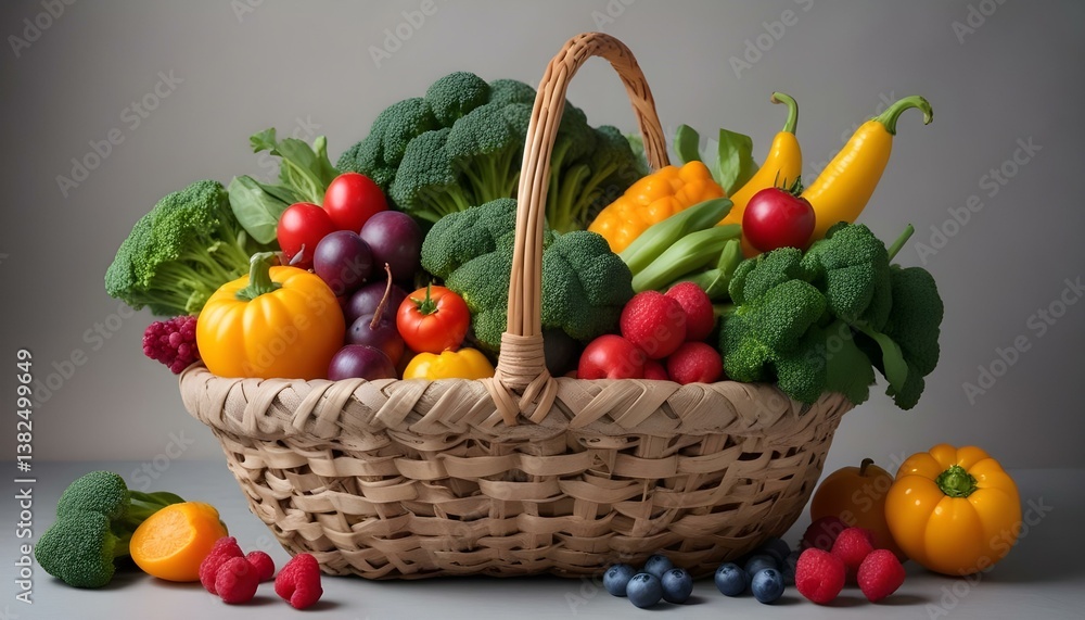 A studio shot of a woven basket filled with a variety of fresh produce against a neutral gray background A studio shot of a woven basket filled with a variety of fresh produce against a neutral gray background