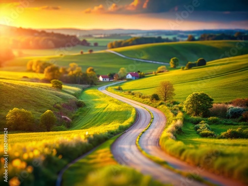 Winding Road through Green Fields: An idyllic landscape of a winding road through rolling green hills bathed in warm sunlight.