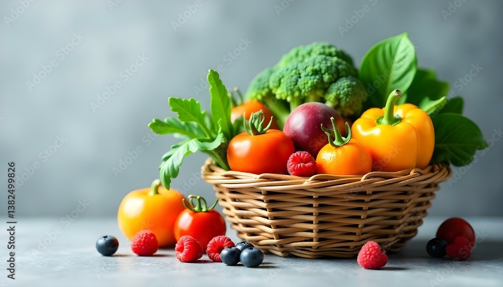 A studio shot of a woven basket filled with a variety of fresh produce against a neutral gray background A studio shot of a woven basket filled with a variety of fresh produce against a neutral gray background