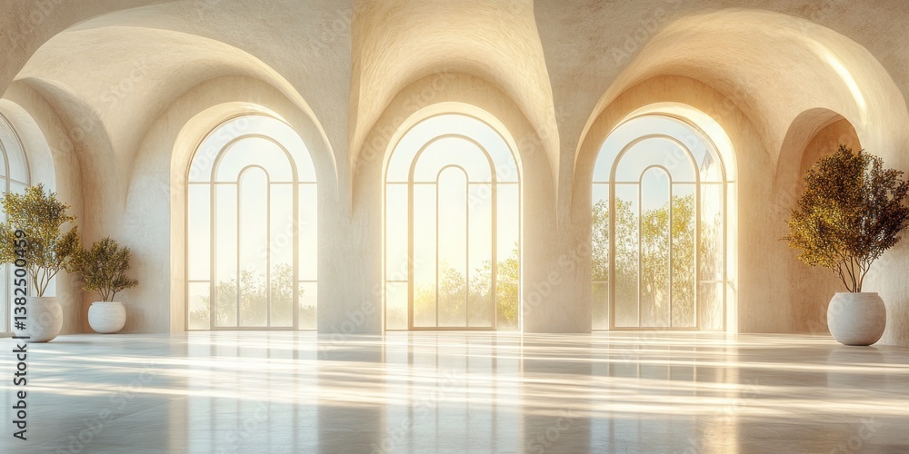Fototapeta premium Large Sunlit White Office Room with Arched Windows and Minimalist Design