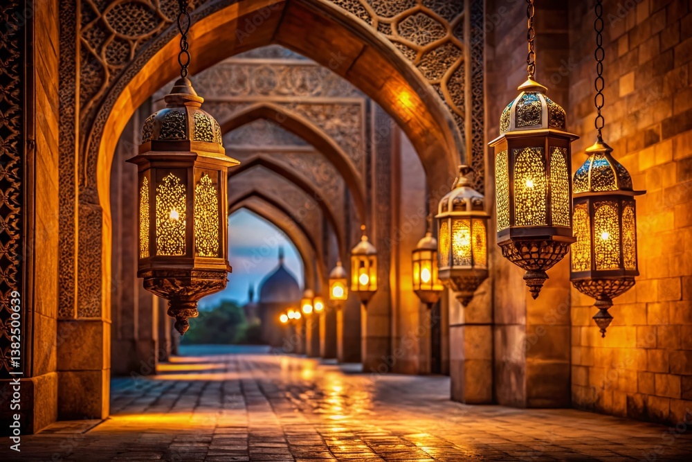 Obraz premium Golden Lanterns in Architectural Corridor: Illuminating a historic architectural corridor, warm light pours from intricately designed golden lanterns.