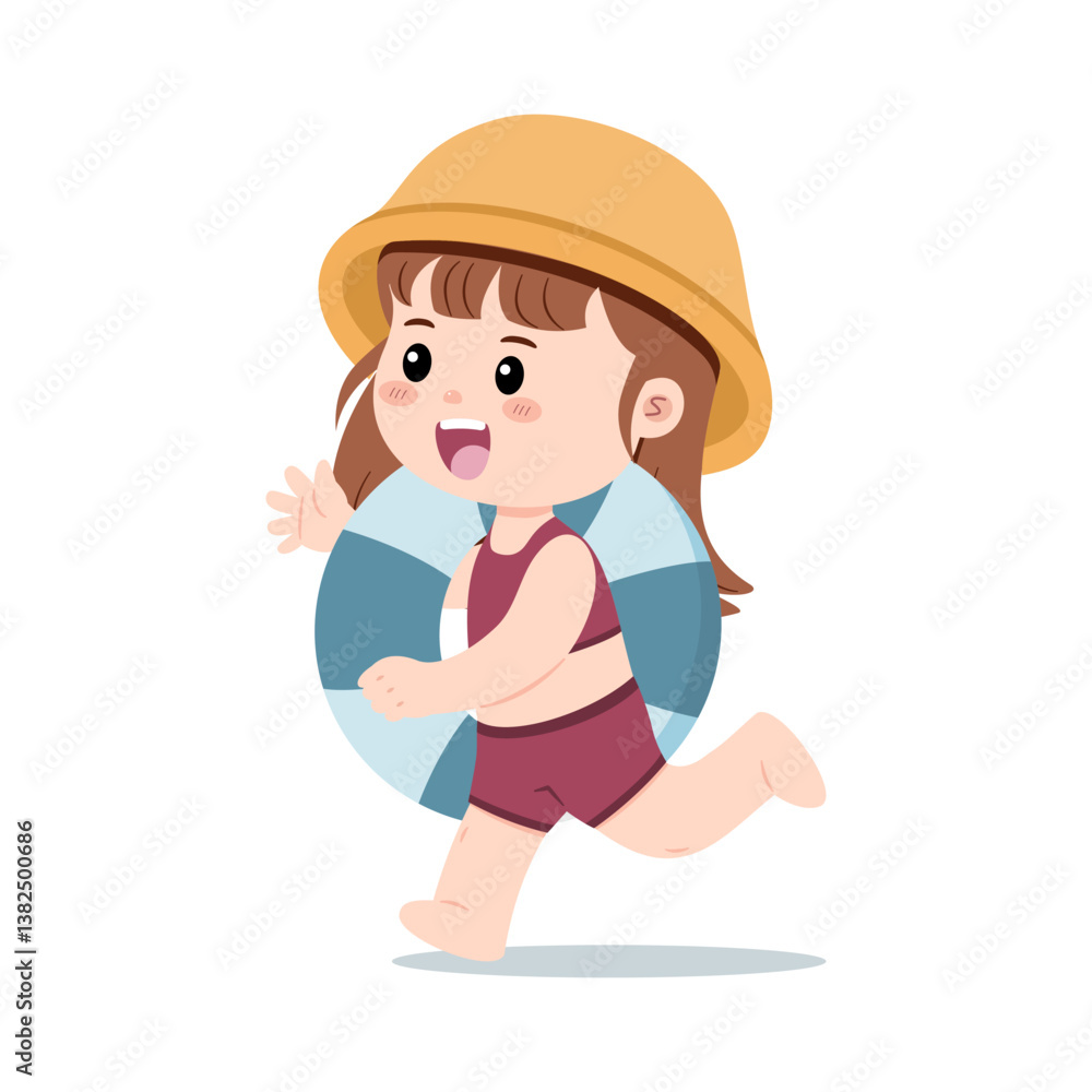 A vector illustration of a cheerful girl runs with a swim ring, ready for summer fun. Perfect for conveying the joy and excitement of childhood summer activities A vector illustration of a cheerful girl runs with a swim ring, ready for summer fun. Perfect for conveying the joy and excitement of childhood summer activities