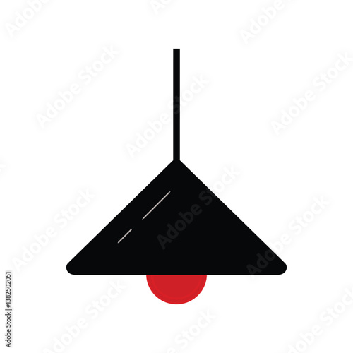 Industrial rustic pendant lamp. Vector line icon. Retro ceiling light fixture for kitchen, dining room, island area. Interior decor element. Isolated object and red color light. 
