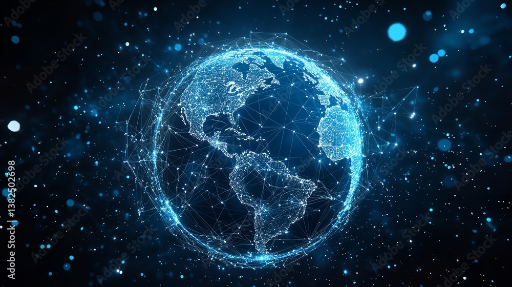 Global Network A mesmerizing digital Earth glowing with interconnected nodes showcasing global communication and data flow in a dark Global Network A mesmerizing digital Earth glowing with interconnected nodes showcasing global communication and data flow in a dark
