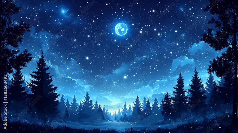 Fototapeta premium Moonlit forest, starry night, digital art, tranquil scene, nature background