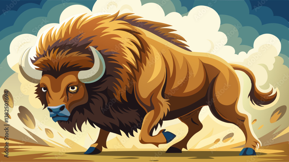 Fototapeta premium bison side view running raising dust from the ground