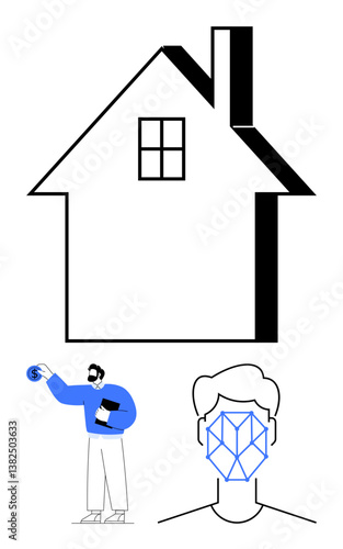 Minimalist house outline, man holding coin and bank document, and facial recognition icon. Ideal for real estate, investment, data security, smart homes, loans innovation technology. Flat simple