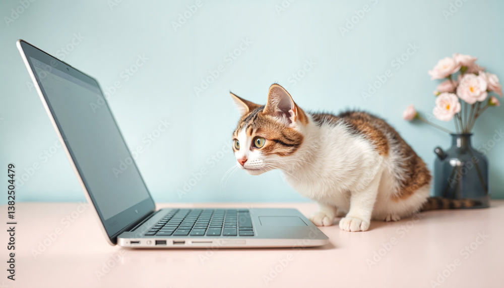 Curious cat exploring a laptop on a pastel background Curious cat exploring a laptop on a pastel background