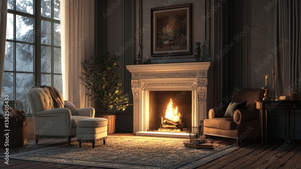 Fototapeta premium Cozy Winter Fireplace Scene.