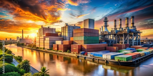 Wallpaper Mural Cityscape of Cargo Logistics: A vibrant panorama showcases a modern shipping port with stacked cargo containers, reflecting in the calm water as a stunning sunset paints the sky Torontodigital.ca