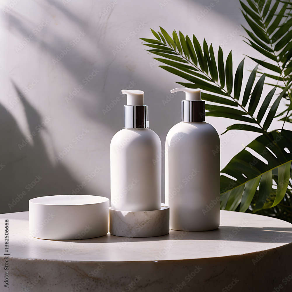 Cosmetic product mockup without any text on podim in nature Cosmetic product mockup without any text on podim in nature