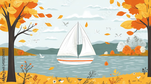 A serene autumn landscape featuring a sailboat on a lake surrounded by colorful trees.