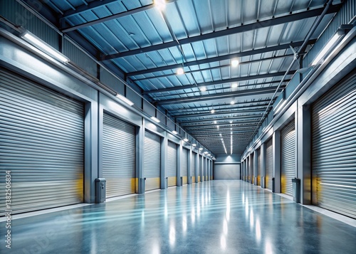 Warehouse Interior: A contemporary perspective of an expansive, bright warehouse interior featuring closed roller doors and bright lighting creating a sense of spaciousness and industrial design