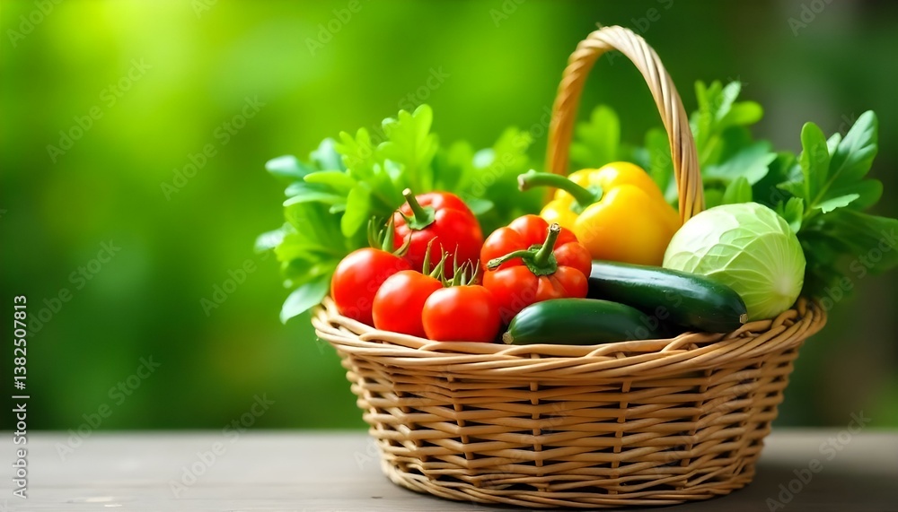 A close-up shot features a woven basket brimming with a variety of fresh vegetables, set against a blurred green background A close-up shot features a woven basket brimming with a variety of fresh vegetables, set against a blurred green background