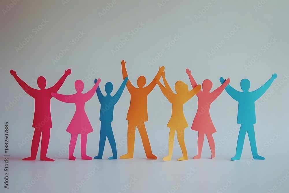 Diverse Group Cheerful Figures Raised Arms Community Unity Diverse Group Cheerful Figures Raised Arms Community Unity
