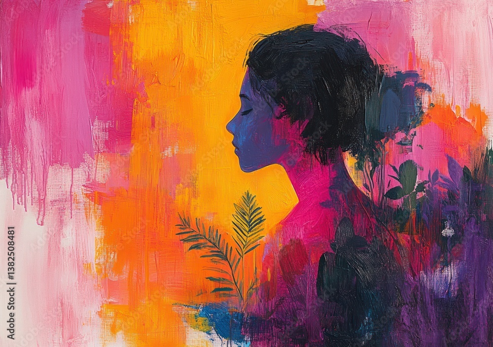 Obraz premium Abstract Female Figure with Bold Colors and Botanical Elements Oil Painting