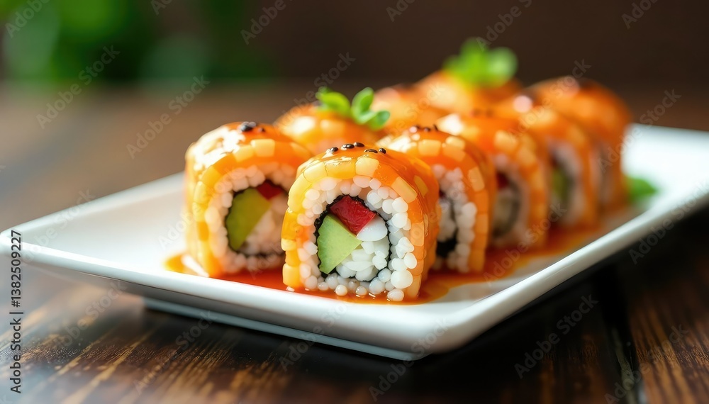 Colorful sushi rolls on white plate, soy sauce , delicious, sauce, image Colorful sushi rolls on white plate, soy sauce , delicious, sauce, image