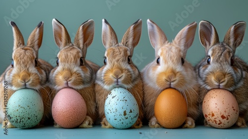 Five cute brown rabbits attentively holding colorful speckled Easter eggs representing Easter against a plain teal background