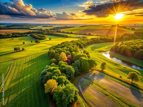 Golden Hour Landscape: A breathtaking panorama of rolling hills and lush farmland at sunrise, with a winding river flowing through the vibrant landscape.