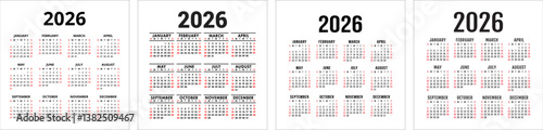2026 year calendar set. Color vector pocket calender design. Week starts on Sunday. January, February, March, April, May, June, July, August, September, October, November, December