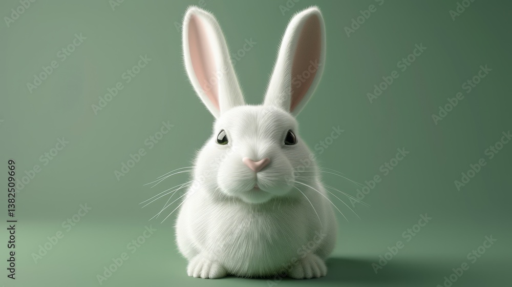Cute white rabbit sitting attentively representing Easter against a plain sage green background Cute white rabbit sitting attentively representing Easter against a plain sage green background