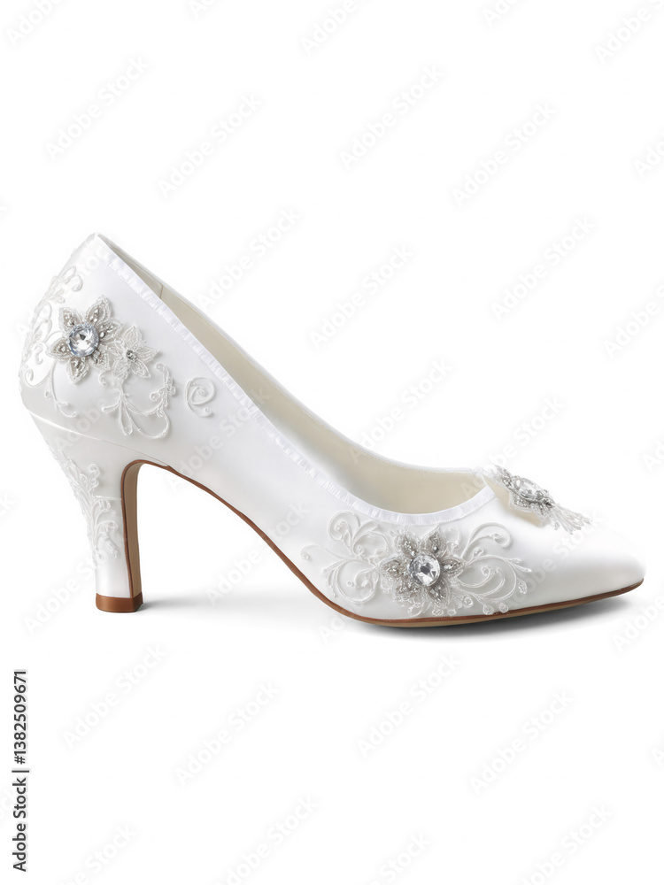 Obraz premium pair of satin bridal shoes with intricate lace overlay and crystal embellishments, featuring a comfortable heel and a closed-toe design,