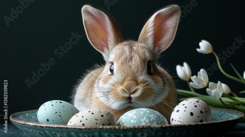 Cute light brown rabbit sitting festively on a plate with speckled Easter eggs and white flowers representing Easter against a dark background