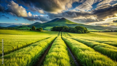 Fields of Gold: A breathtaking expanse of golden wheat fields leads the eye towards a majestic mountain range under a dramatic sky. Capture the tranquility of the countryside.