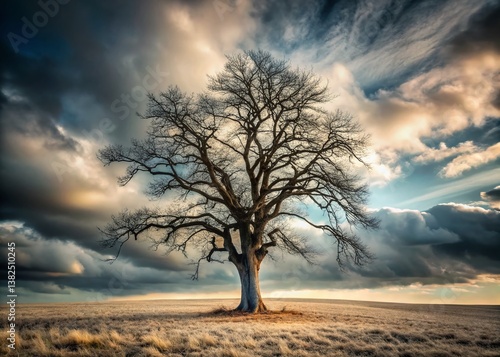 Solitary Tree Under a Dramatic Sky: An aged tree stands majestically against a backdrop of swirling clouds and golden light, symbolizing resilience and endurance in a timeless landscape.