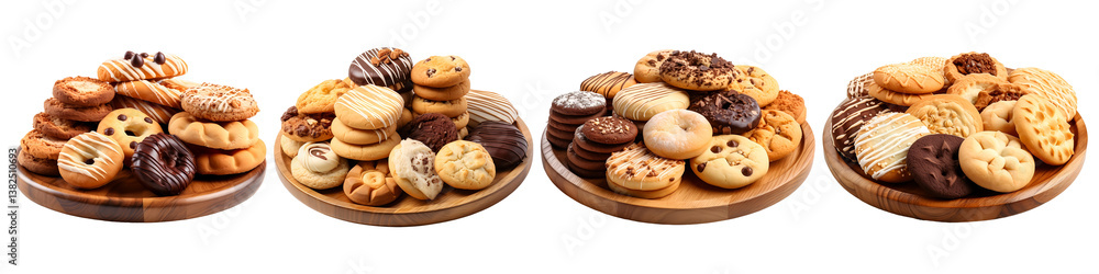 Collection set of cookies on wooden tray isolated on transparent background Collection set of cookies on wooden tray isolated on transparent background