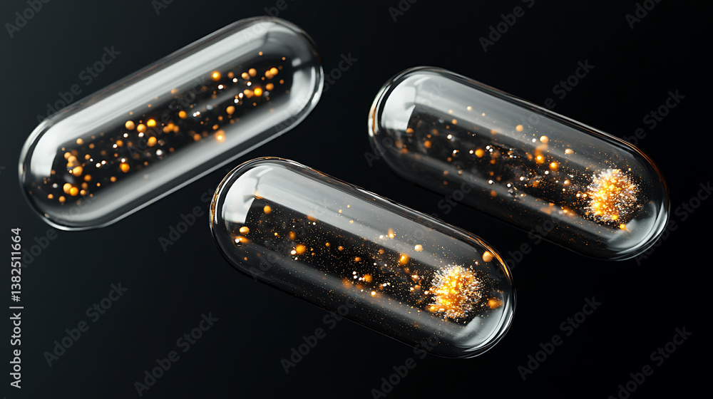 A transparent, surreal organic capsule containing suspended fluorescent particles A transparent, surreal organic capsule containing suspended fluorescent particles