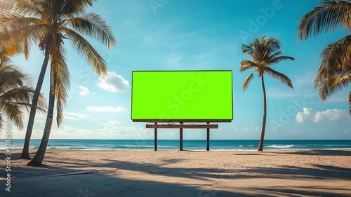 beach scene with a large empty blank green screen billboard framed by palm trees, set against a clear blue sky and calm sea waves, perfect for video editing with chroma key during daytime.