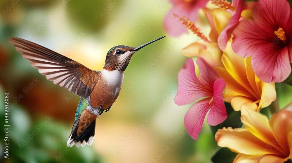 Fototapeta premium A hummingbird hovers in front of bright tropical flowers, its iridescent feathers shimmering in the sunlight. The macro details reveal exquisite wing patterns and vibrant colors