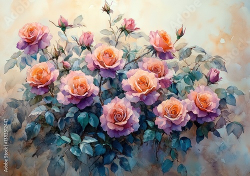 vibrant watercolor painting colorful flowers purple roses green leaves impressionist art soft light