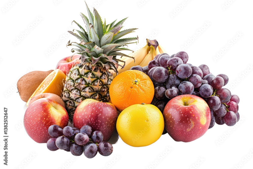 A pile of fresh fruits such as apples, oranges and grapes with pineapples on top isolated on white background PNG A pile of fresh fruits such as apples, oranges and grapes with pineapples on top isolated on white background PNG