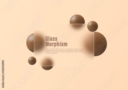 Illustration of glass morphism in mocha color with smooth gradients and depth. Website landing page template. Information panel with 3D gradient spheres.