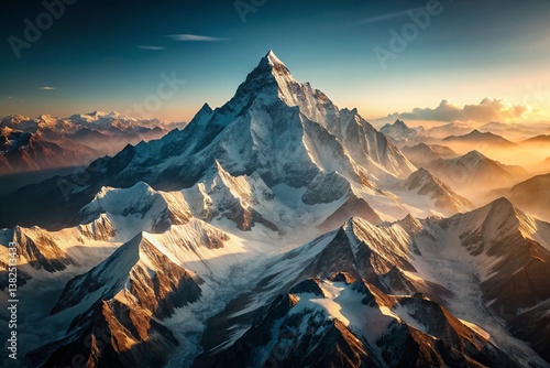  Majestic Peaks at Dawn: A breathtaking vista of towering mountains blanketed in snow, illuminated by the warm hues of sunrise, showcasing the raw power and timeless beauty of nature.