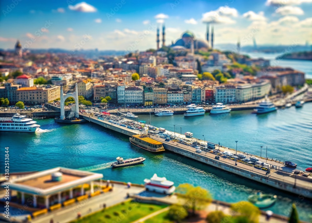 Obraz premium Istanbul Skyline: A breathtaking cityscape view of Istanbul unfolds, with a bridge connecting the historic district, a prominent mosque, and picturesque buildings lining the harbor.